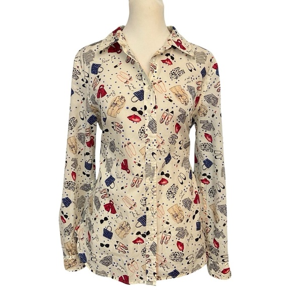 Talbots Paris Print Button Down Blouse Size M Long Sleeve C’est Chic 100%Cotton - Picture 1 of 13
